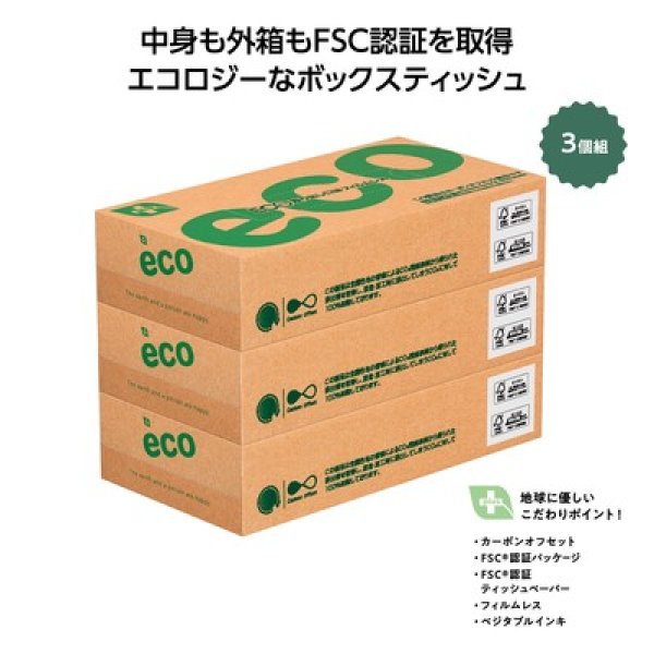 プラスエコＢＯＸティッシュ１００Ｗ３個組の写真